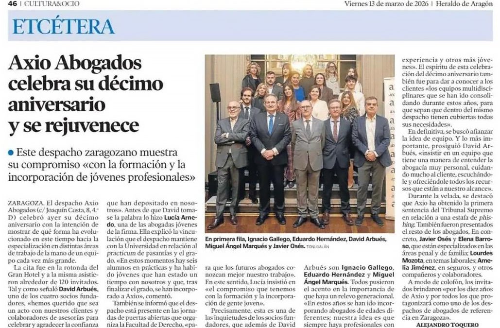 Heraldo: «Axio Abogados celebra su décimo aniversario y se rejuvenece»